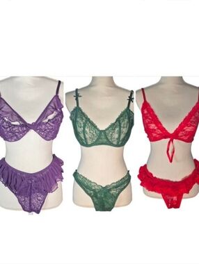 NWT AvidLove Lace Bra + Panty Sets XXL Lot of 3 Purple Red Green
